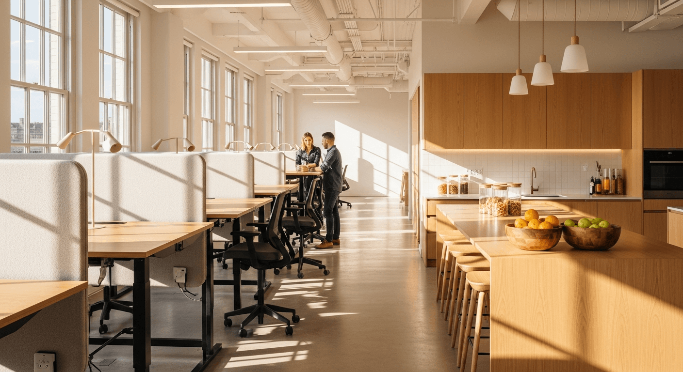 Modern office with height-adjustable standing desks, large windows, and communal kitchen area with fresh fruits.