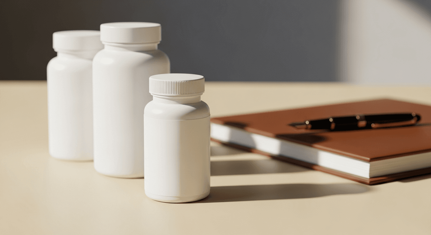 Three unlabeled supplement bottles arranged with a closed leather ledger and fountain pen on a warm cream surface.
