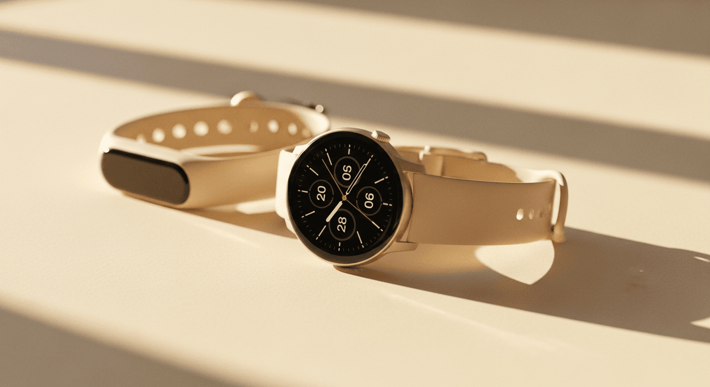 A sleek smartwatch and fitness tracker band arranged on a warm cream surface in soft golden light.