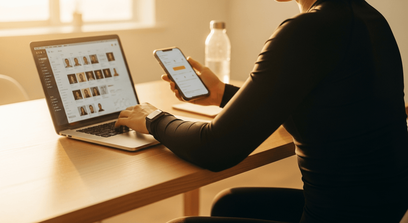 Personal trainer at desk managing client roster on laptop and phone in warm morning light.