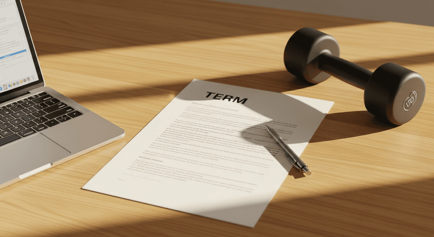 Editorial flat-lay featuring a laptop, financial document, dumbbell, and pencil arranged on a light oak desk in golden morning light.