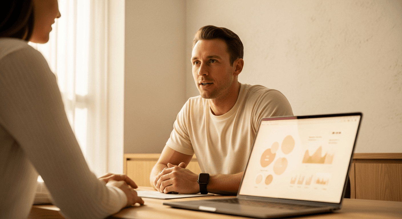 A personal trainer leans forward in engaged conversation with a seated client at a minimal desk in a warm studio.