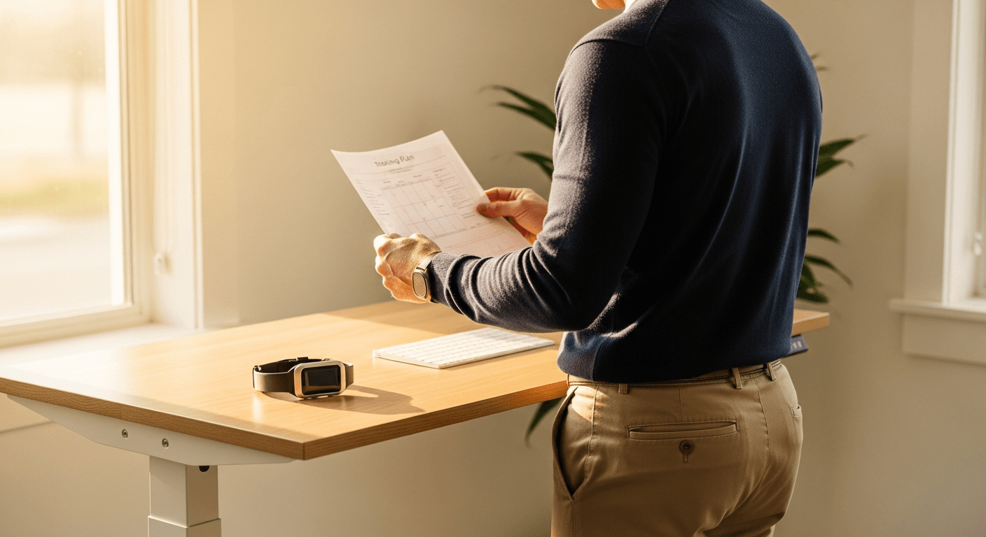 A confident coach in polished casual attire reviews a training plan at a light oak desk in a bright home studio.