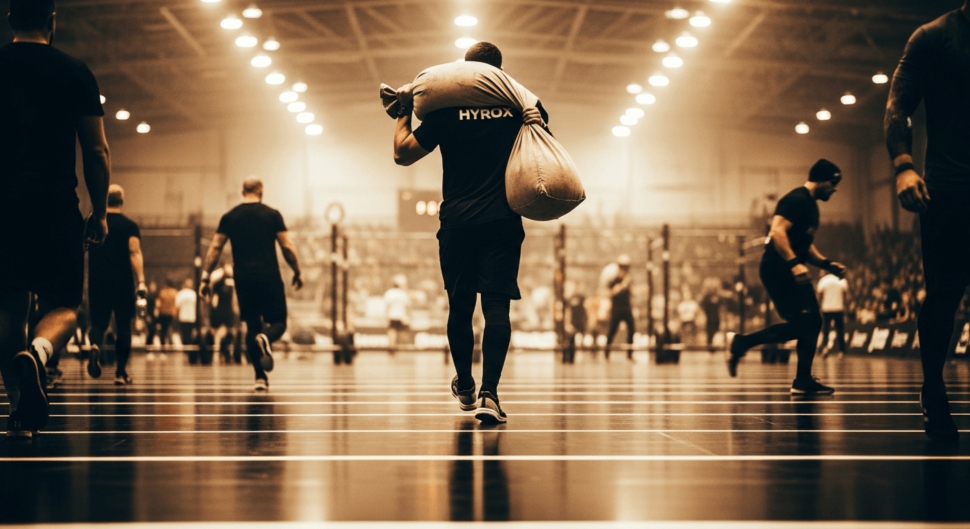 Athlete carries heavy sandbag over shoulder mid-stride during intense HYROX race event.