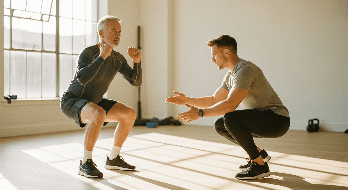 A coach guides a mature man through a bodyweight squat with hand cues in a bright studio with golden light.