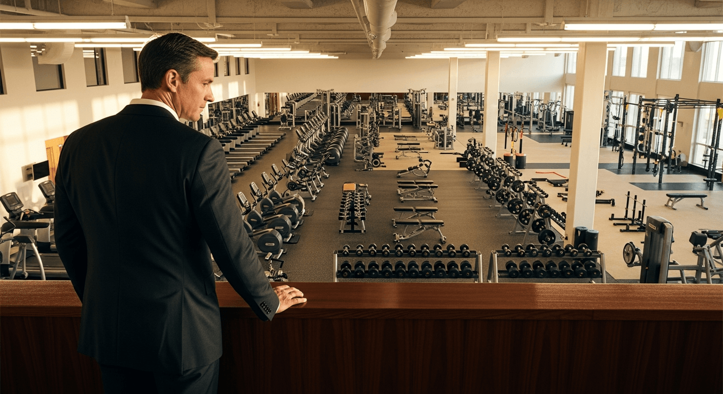 A businessman in a dark suit stands on a mezzanine overlooking a vast, modern gym floor with rows of exercise equipment.