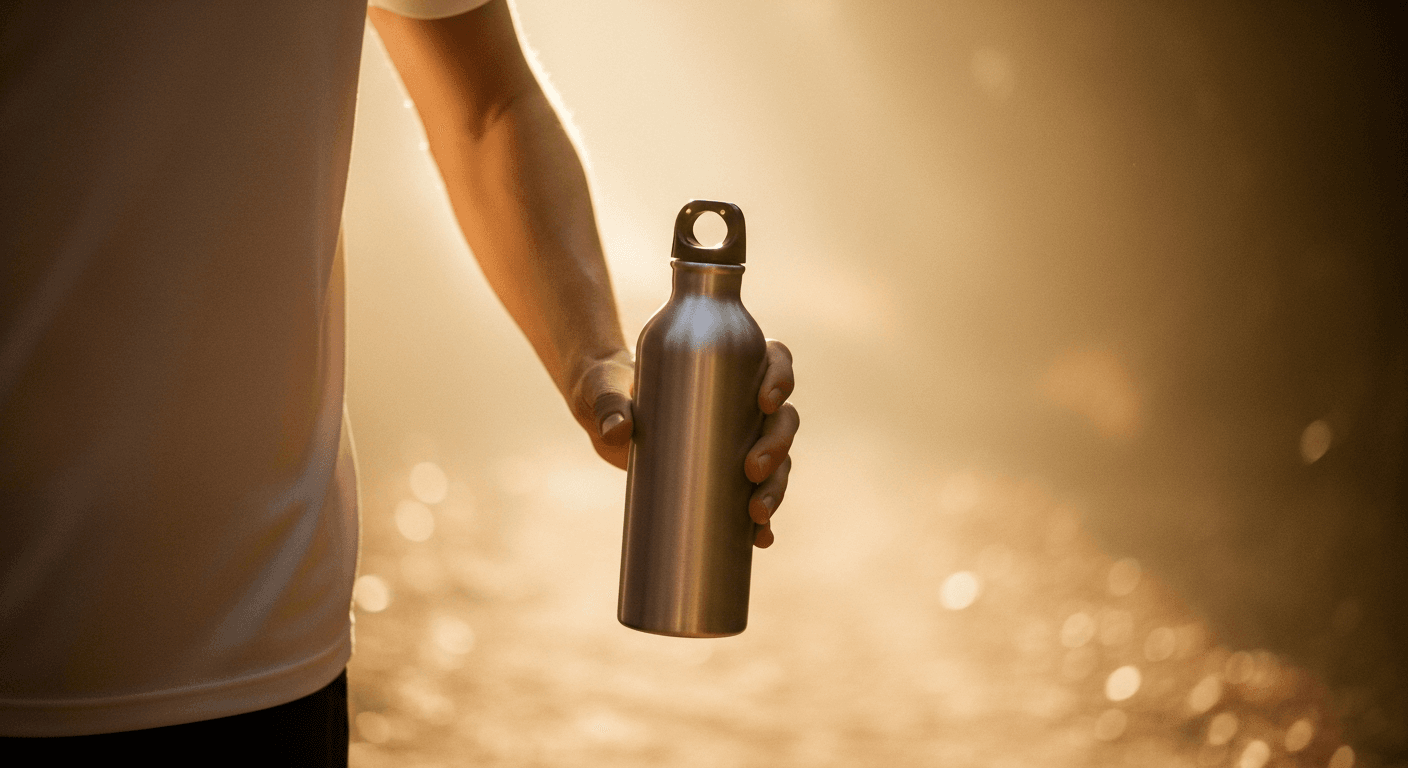 A runner reaches for a water bottle while running on a morning trail.
