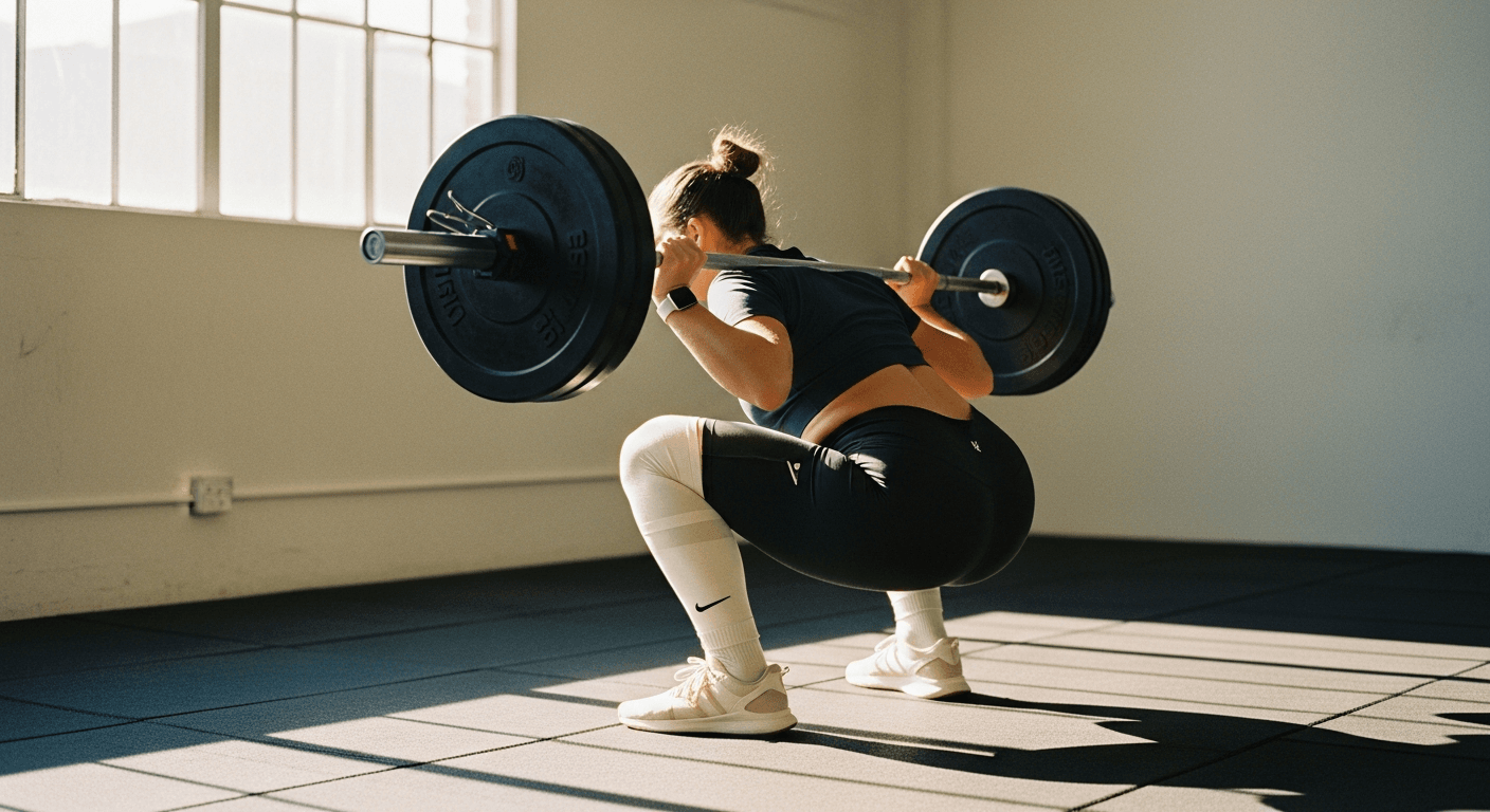 Person performing a back squat with proper form, heels planted and knees wide, in natural gym lighting.
