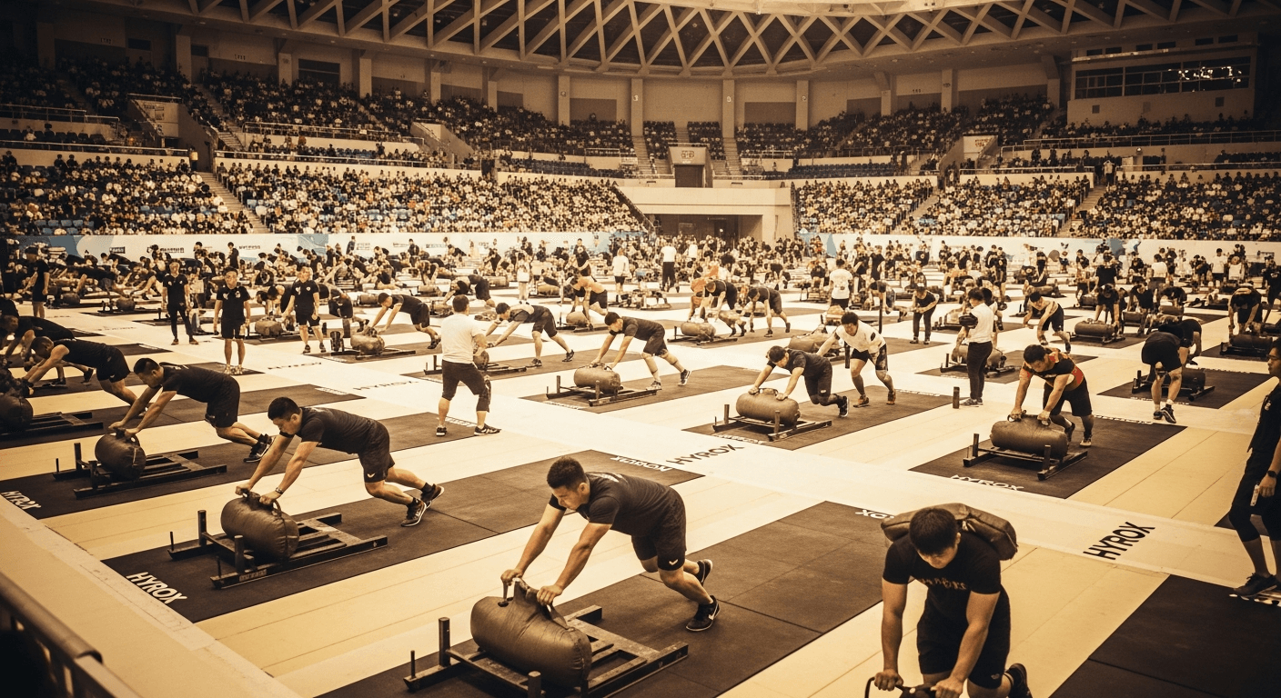 Athletes compete at a packed HYROX event in a modern Asian arena, pushing sleds and carrying sandbags across the competition floor.