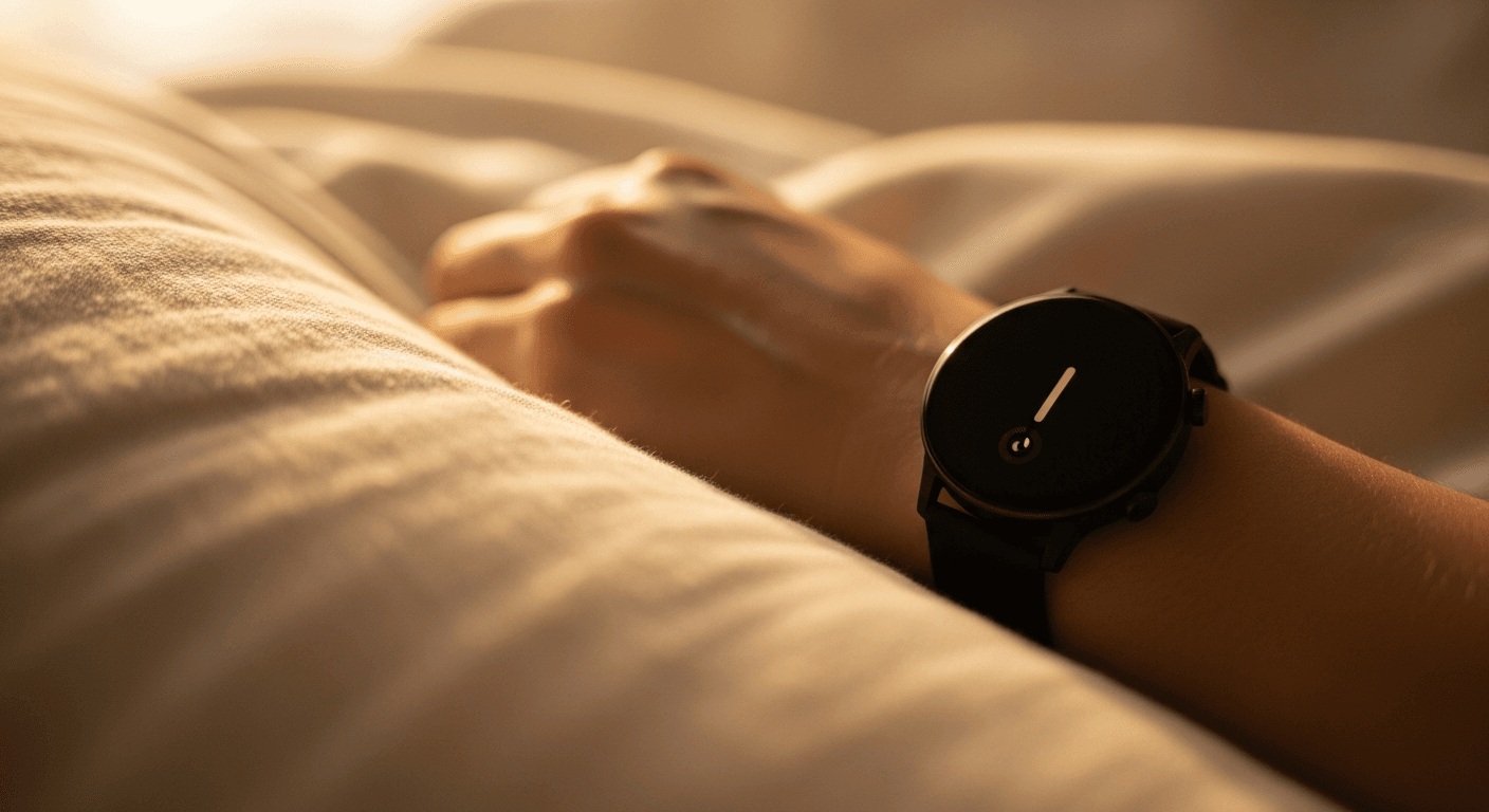 Close-up of a black smartwatch on a sleeping woman's wrist resting on cream linen bedding.