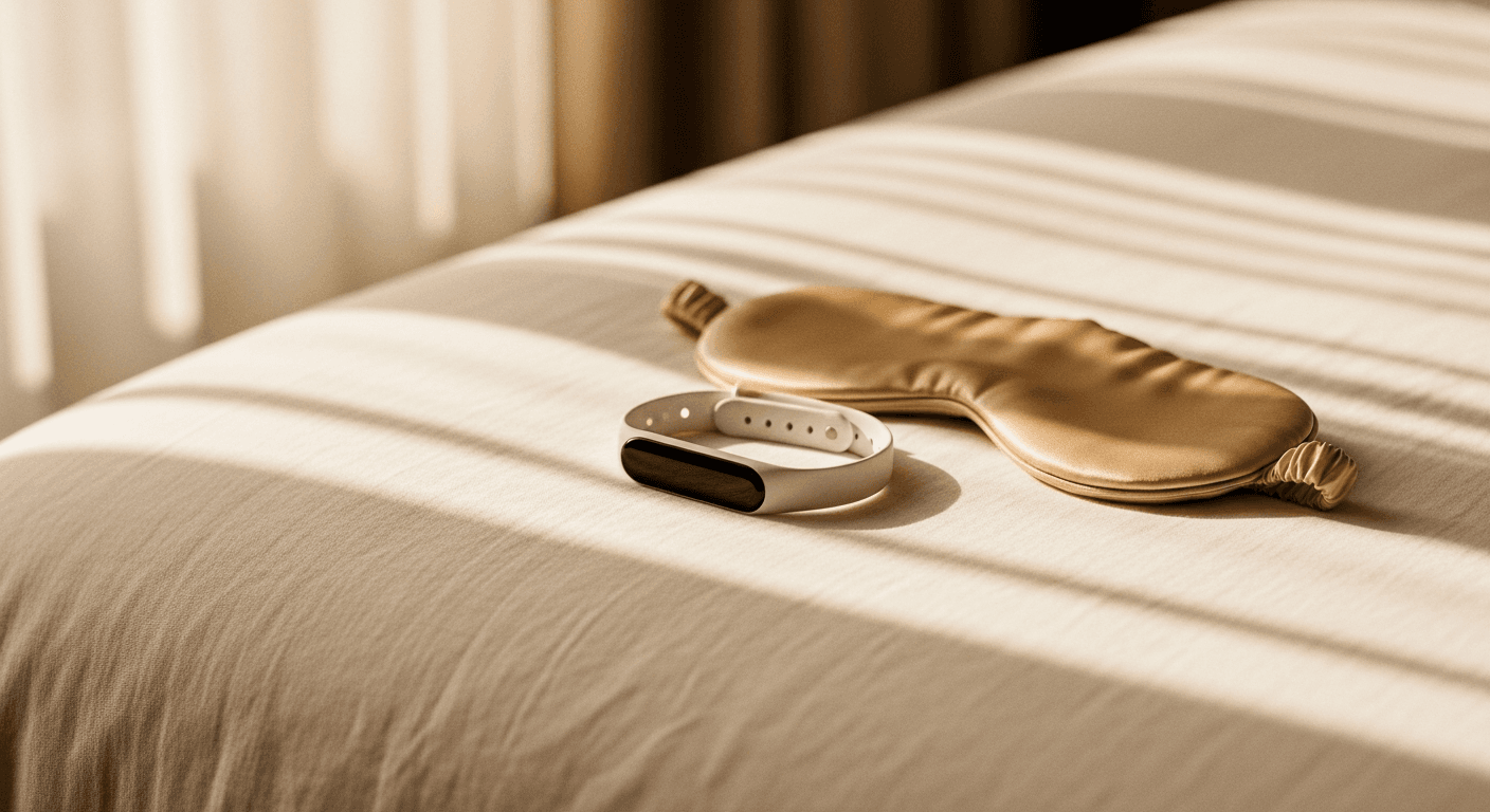 A slim sleep tracker wearable rests on rumpled linen sheets beside a sleeping mask in soft golden morning light.