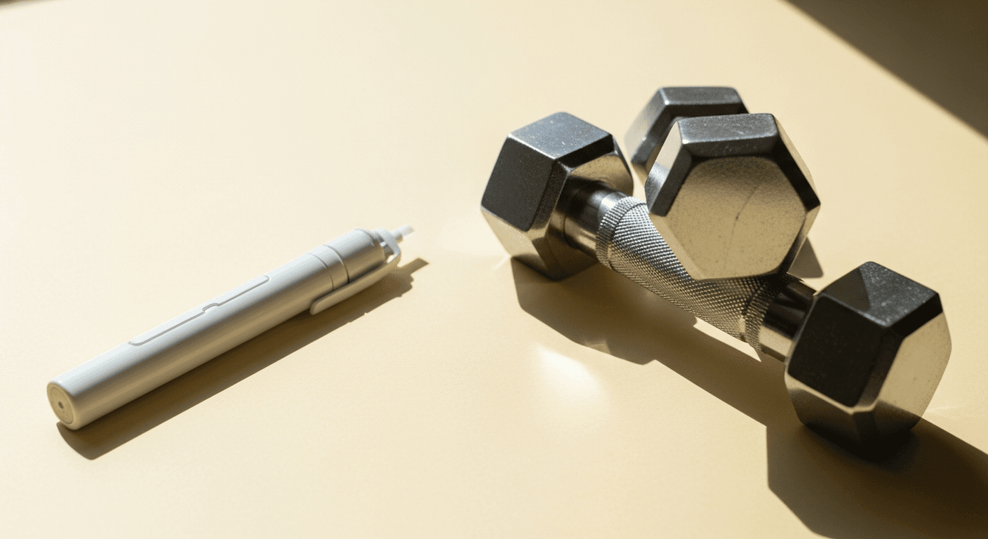 A white auto-injector pen and steel dumbbells arranged side by side on a warm cream surface in natural light.