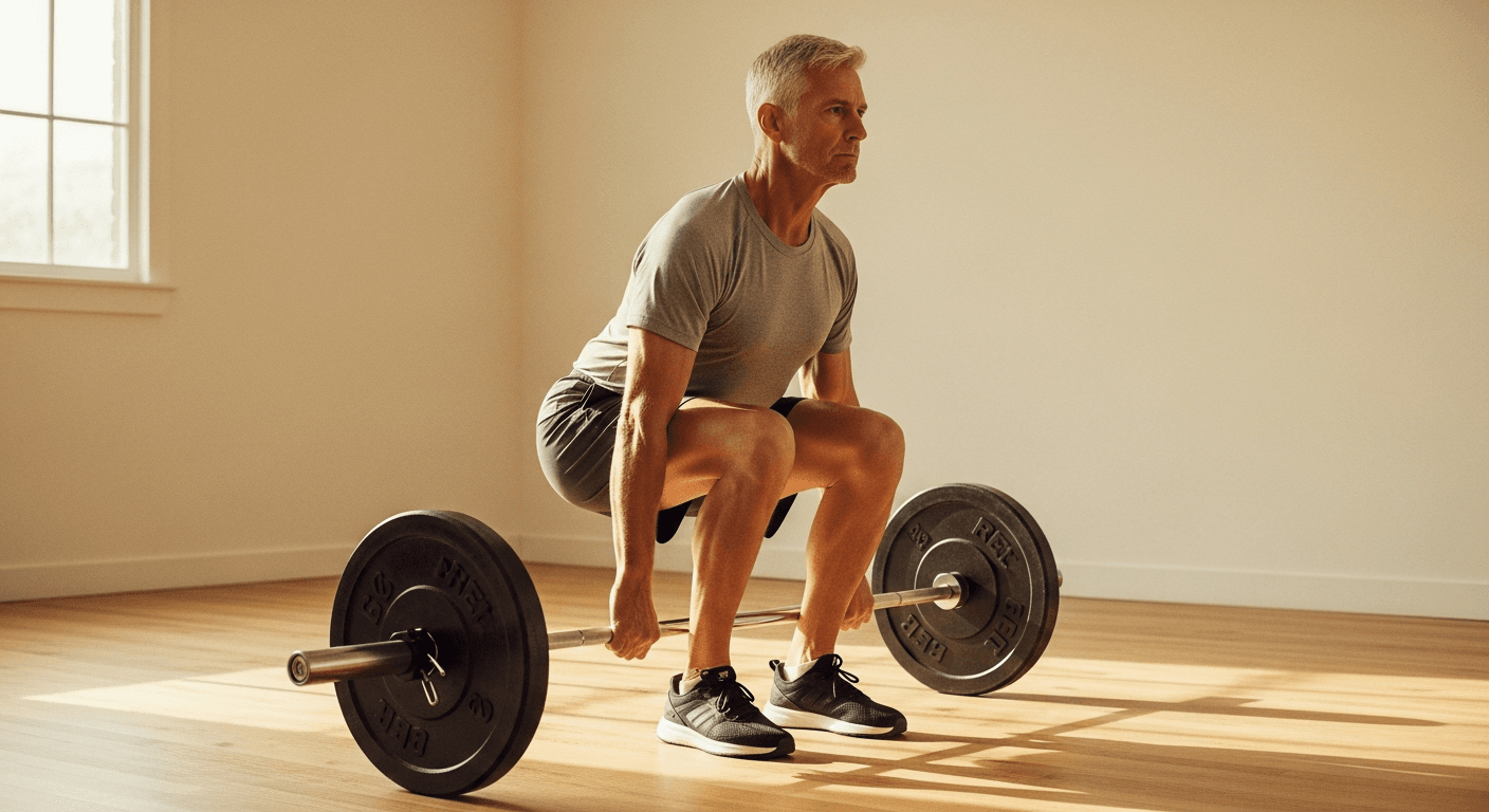 Fit man in his 50s with gray hair performing a controlled Romanian deadlift with focused determination in a bright gym.