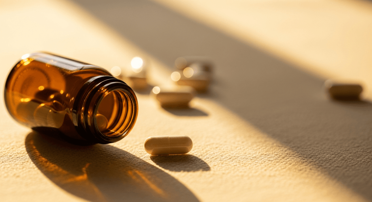 Amber supplement bottle with white melatonin capsule on cream linen under warm golden light.