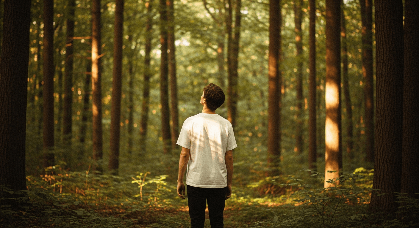 Person standing alone among tall forest trees, gazing upward toward the canopy in soft golden light.