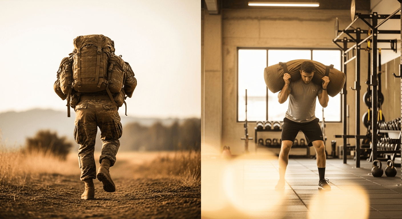 Side-by-side comparison of a uniformed soldier performing a ruck carry and a civilian lifter mirroring the loaded carry in a gym.