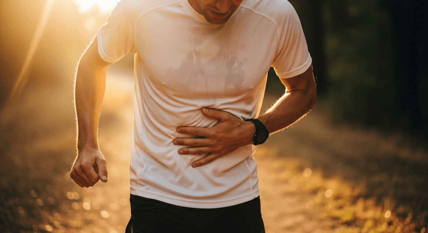 Male runner mid-stride on a sunlit trail, hand on abdomen signaling digestive distress during exercise.