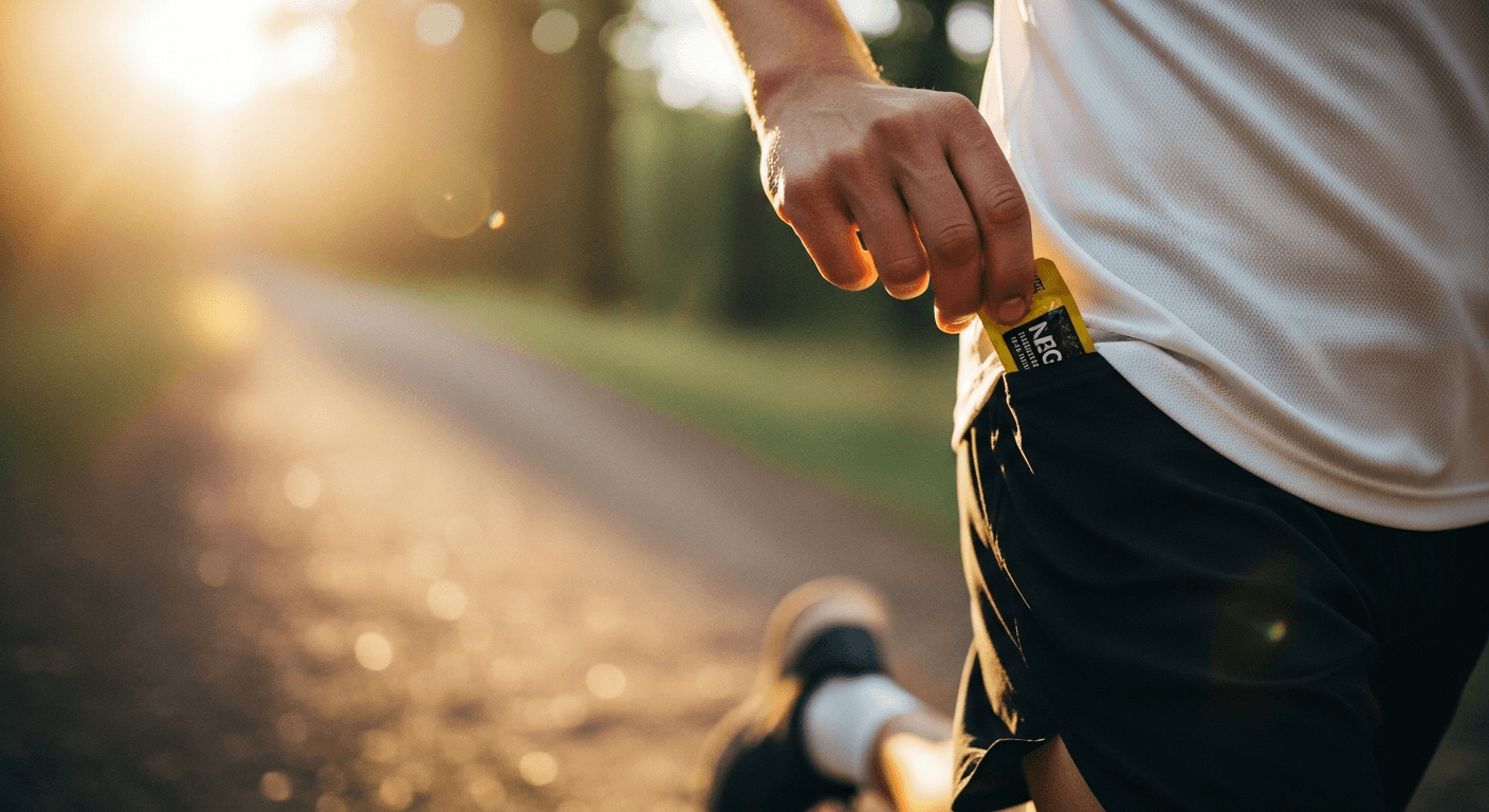 Trail runner reaches into jersey pocket to grab an energy gel while running at golden hour.