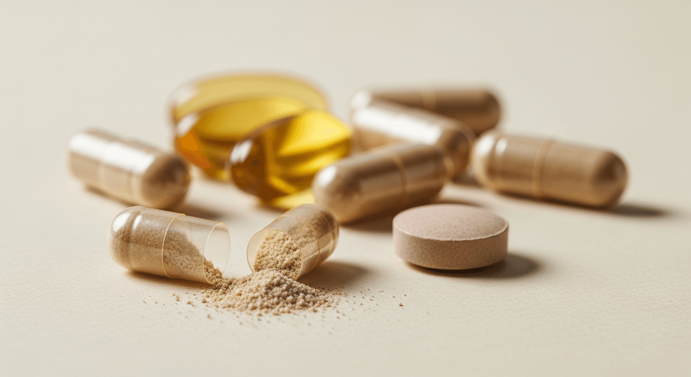 Colorful supplement capsules and tablets scattered across a warm cream surface with one spilling open.