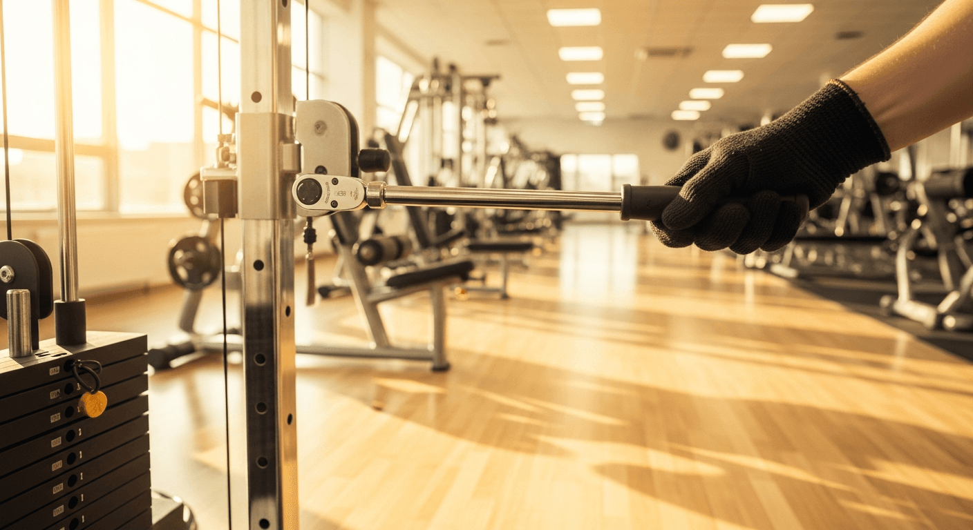 A gloved hand adjusts a torque wrench on cable machine equipment in a warmly lit, professional gym.
