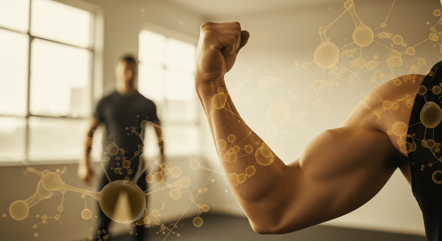 Close-up of a muscled arm curling with golden cellular texture overlay, suggesting the biology behind muscle growth.