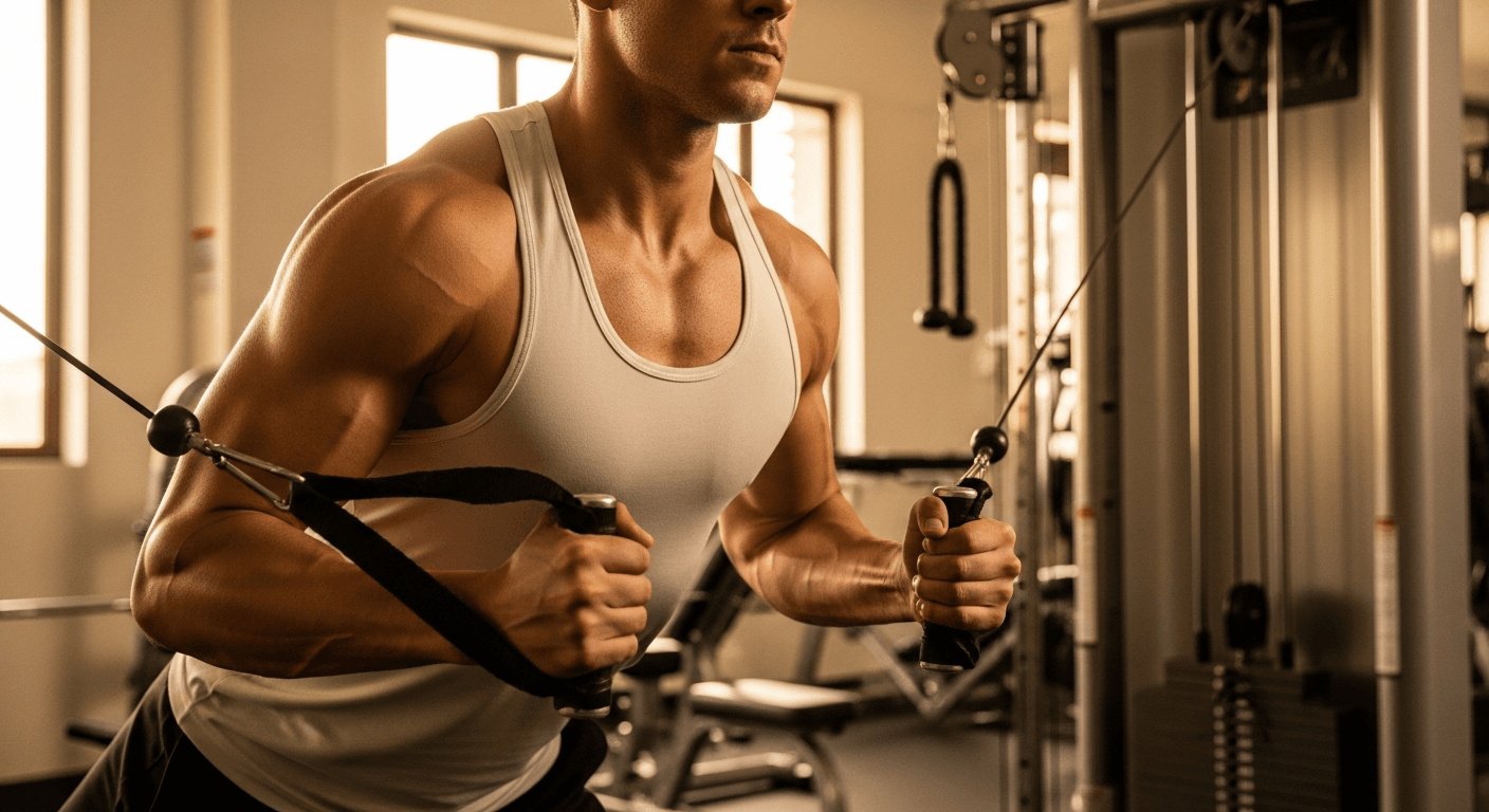Male athlete performing a chest press exercise, showcasing back and chest muscles in warm golden gym light.