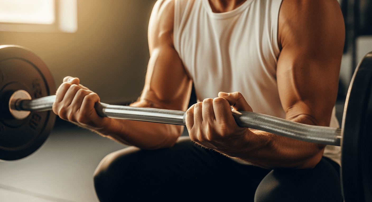 Muscular middle-aged man performing a barbell curl with chalked hands, muscles sharply focused under warm natural light.