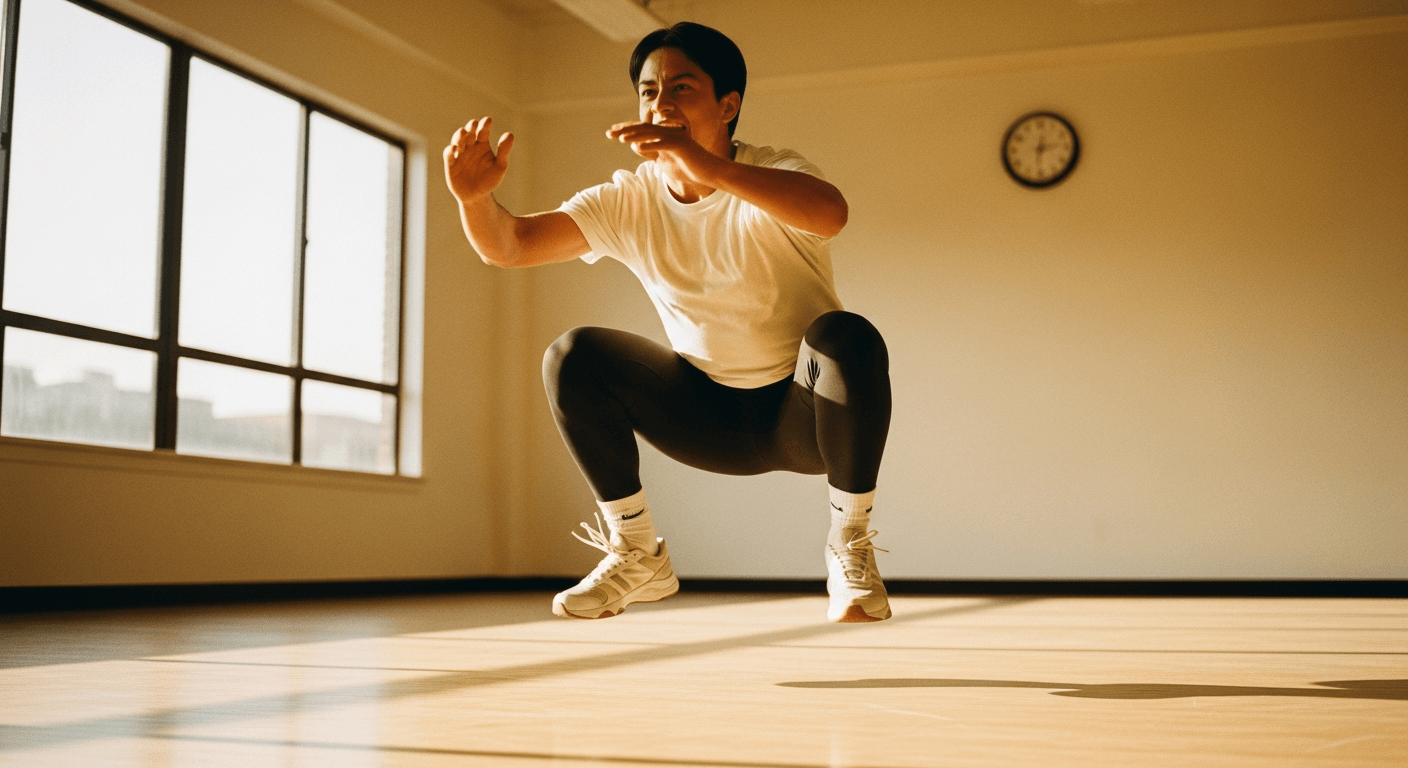 Person performing explosive jump squat at peak height with intense effort in warm golden light.