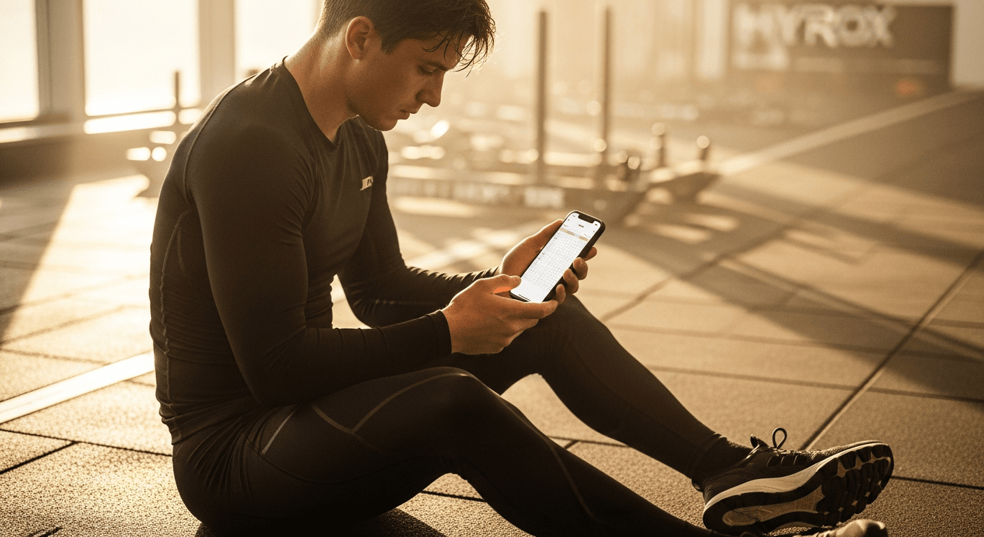 Exhausted athlete in compression gear checking performance data on phone after completing a HYROX competition.