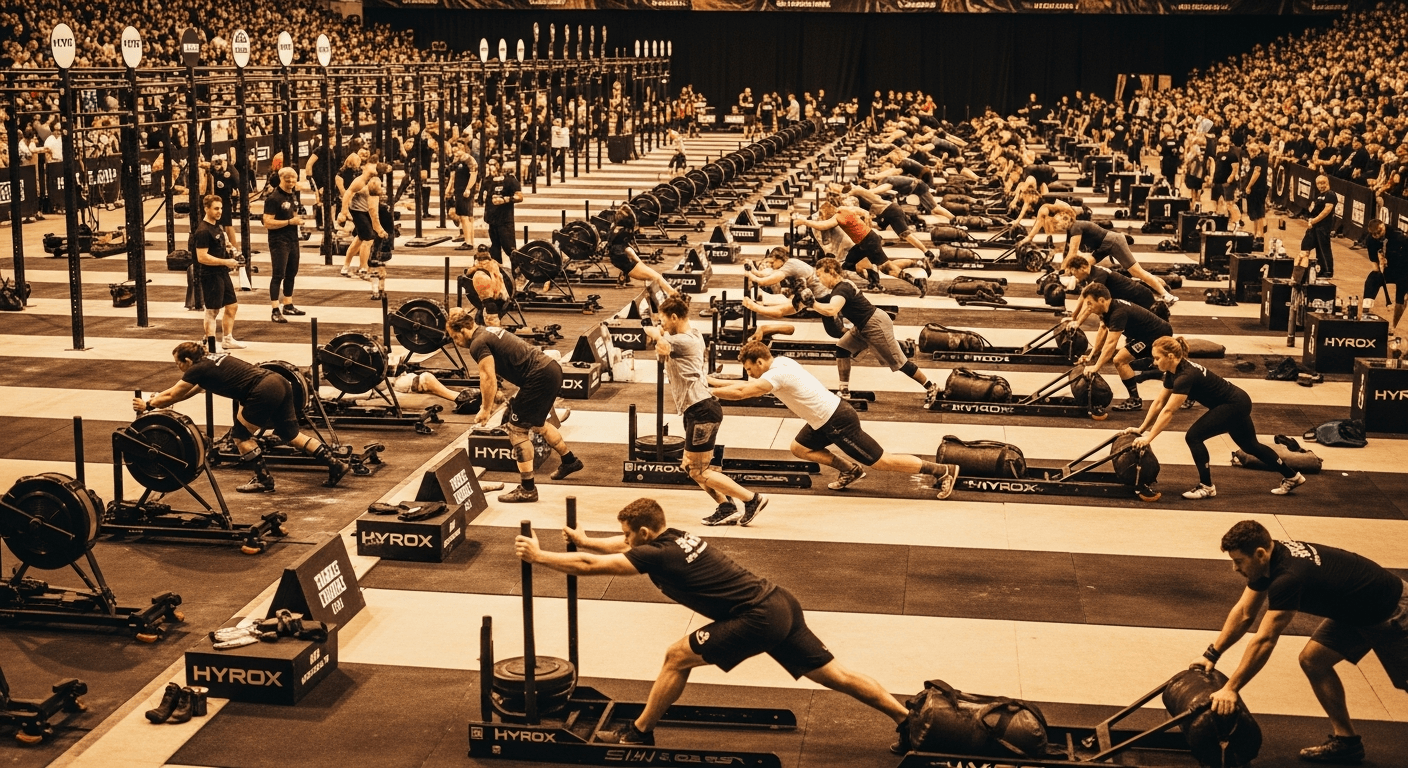 A packed arena floor with dozens of athletes competing at multiple HYROX stations under warm golden venue lighting.
