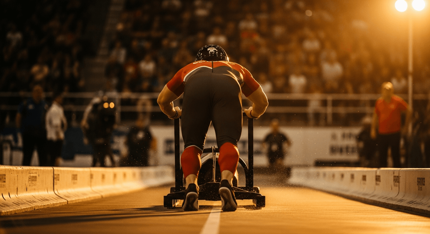 Athlete pushing a competition sled across an arena floor during intense HYROX race competition.