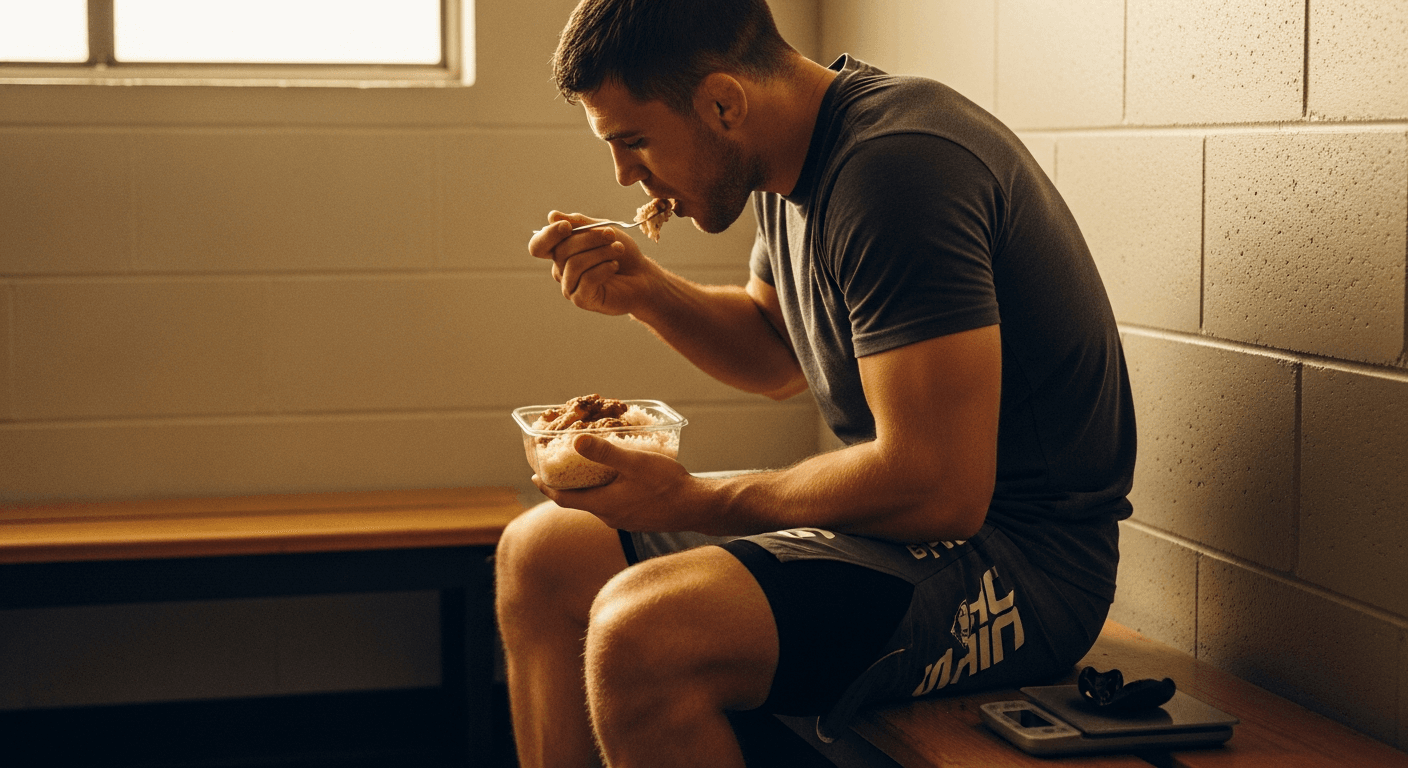 A mixed martial artist eats grilled chicken and rice on a wooden bench in a locker room during training.