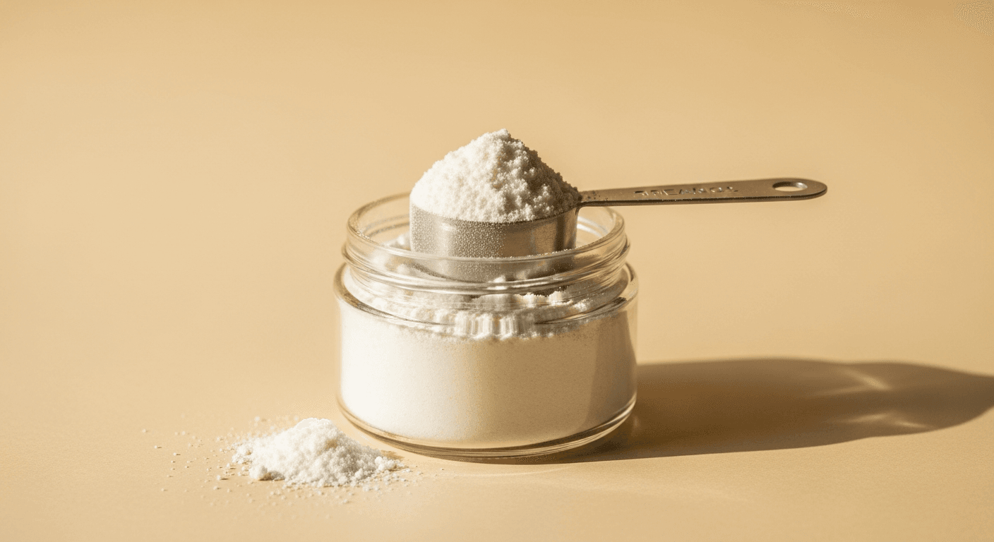 An open jar of creatine powder with a measuring scoop, lit by warm golden natural light.