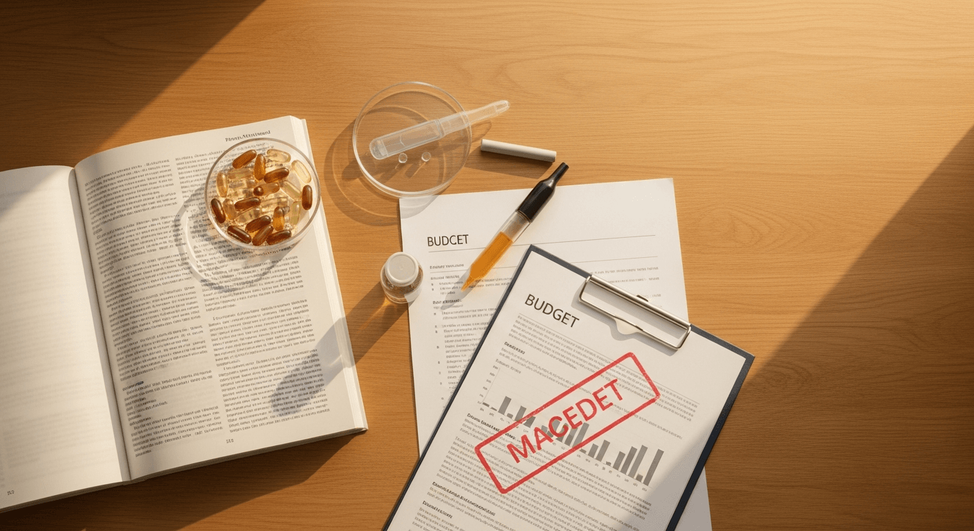 A nutrition researcher's desk with an open journal, petri dish, pipette, and marked budget document in warm golden light.