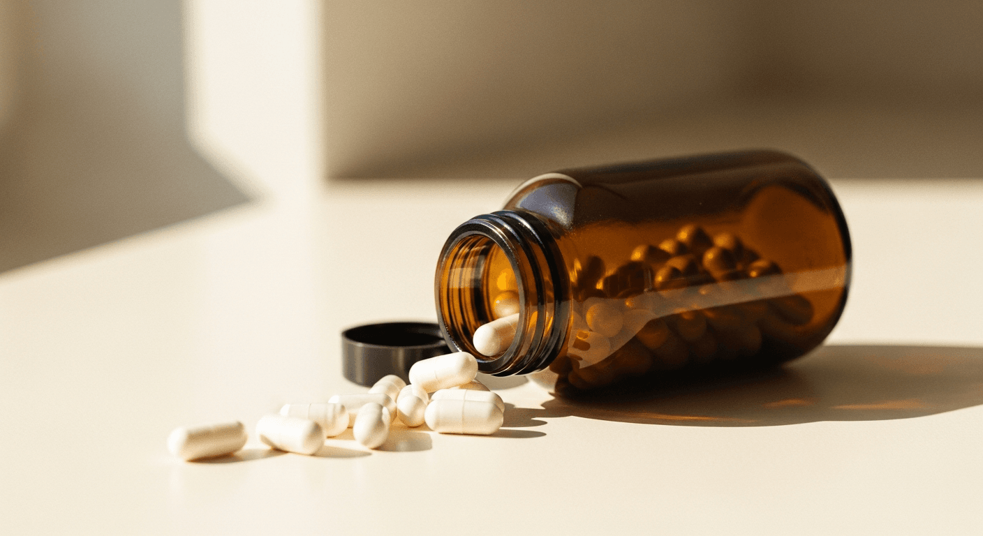 Amber glass supplement bottle tipped over with white capsules spilling onto a warm cream surface.