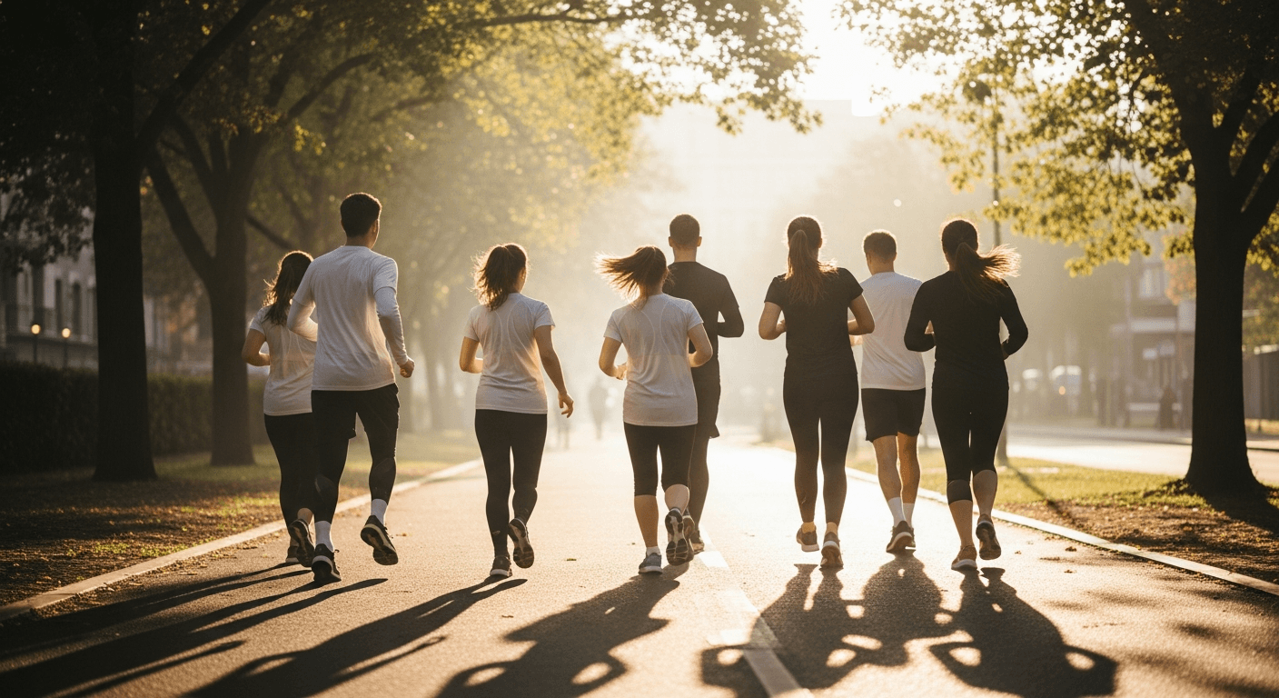 Group of runners in motion together on an urban path, captured in soft morning golden light.