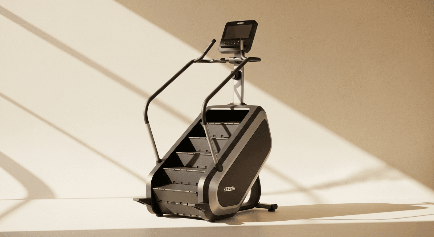 Modern stair climber machine in brushed steel on warm cream surface with golden light.