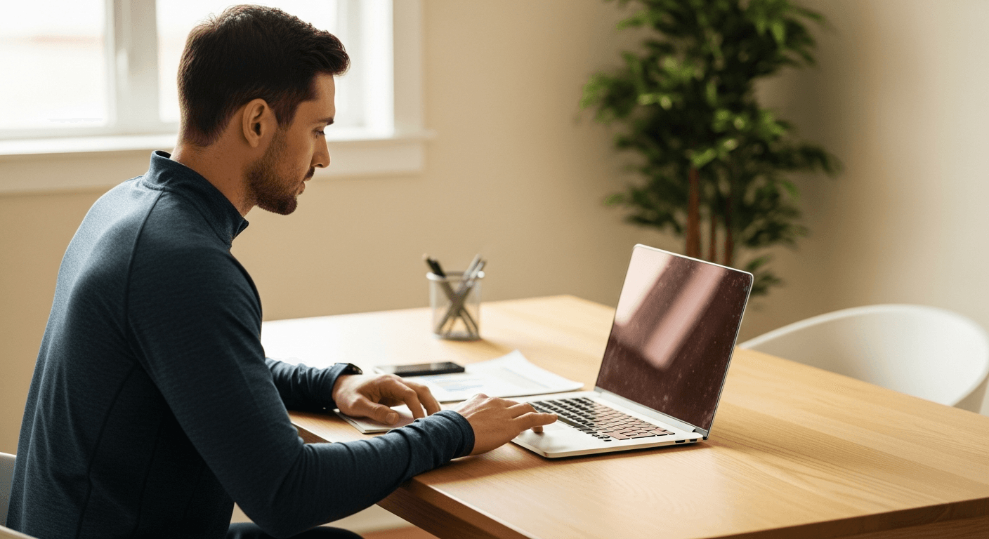 A personal trainer seated at a desk, focused on strategic planning documents in a bright home office with natural morning light.