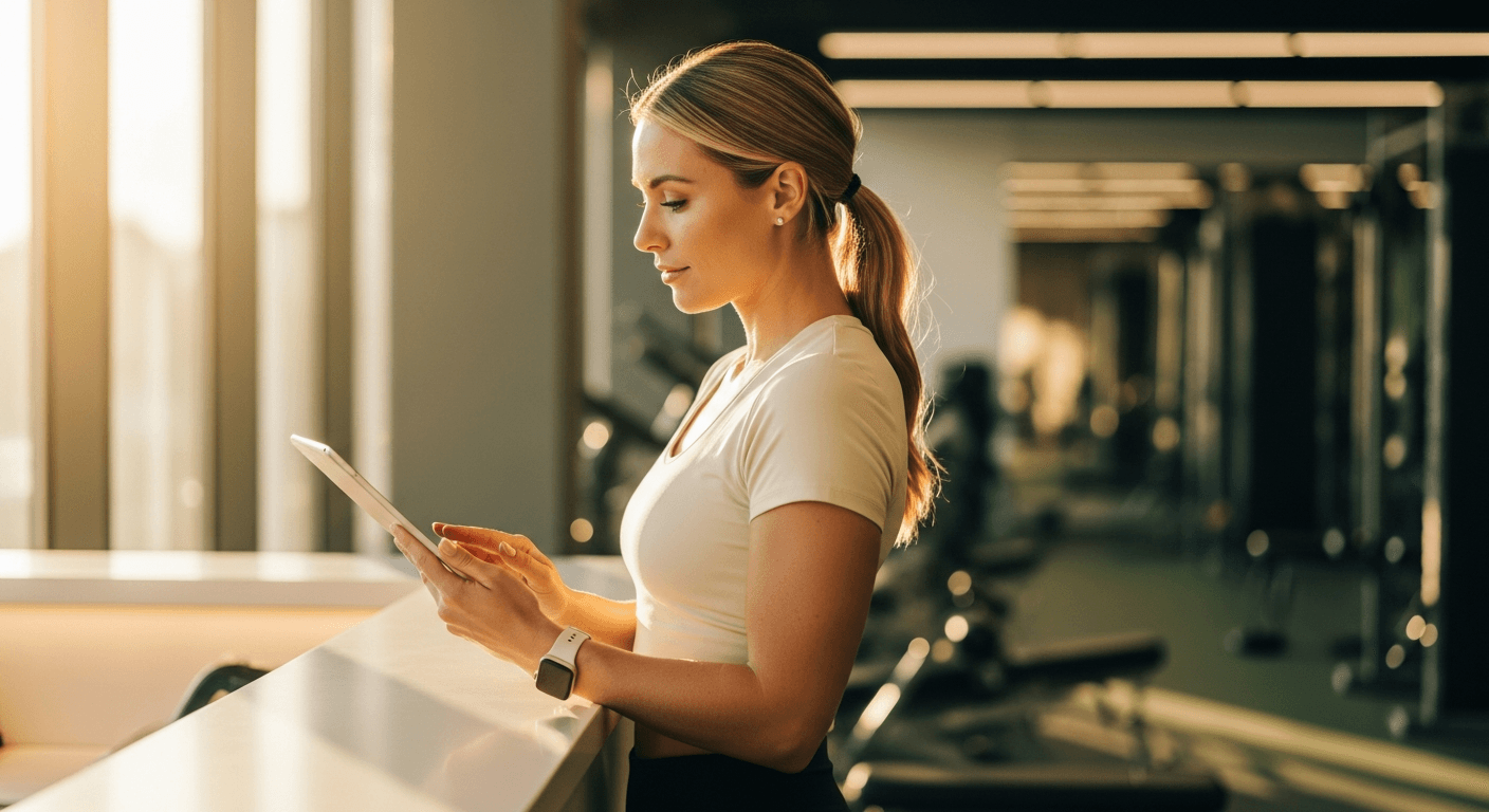 A confident personal trainer at a modern gym reception desk, focused on a tablet in warm golden light.