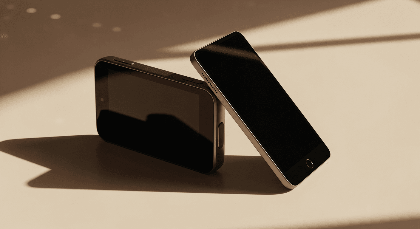 Two overlapping connected fitness device screens on a cream surface, symbolizing a technology merger.