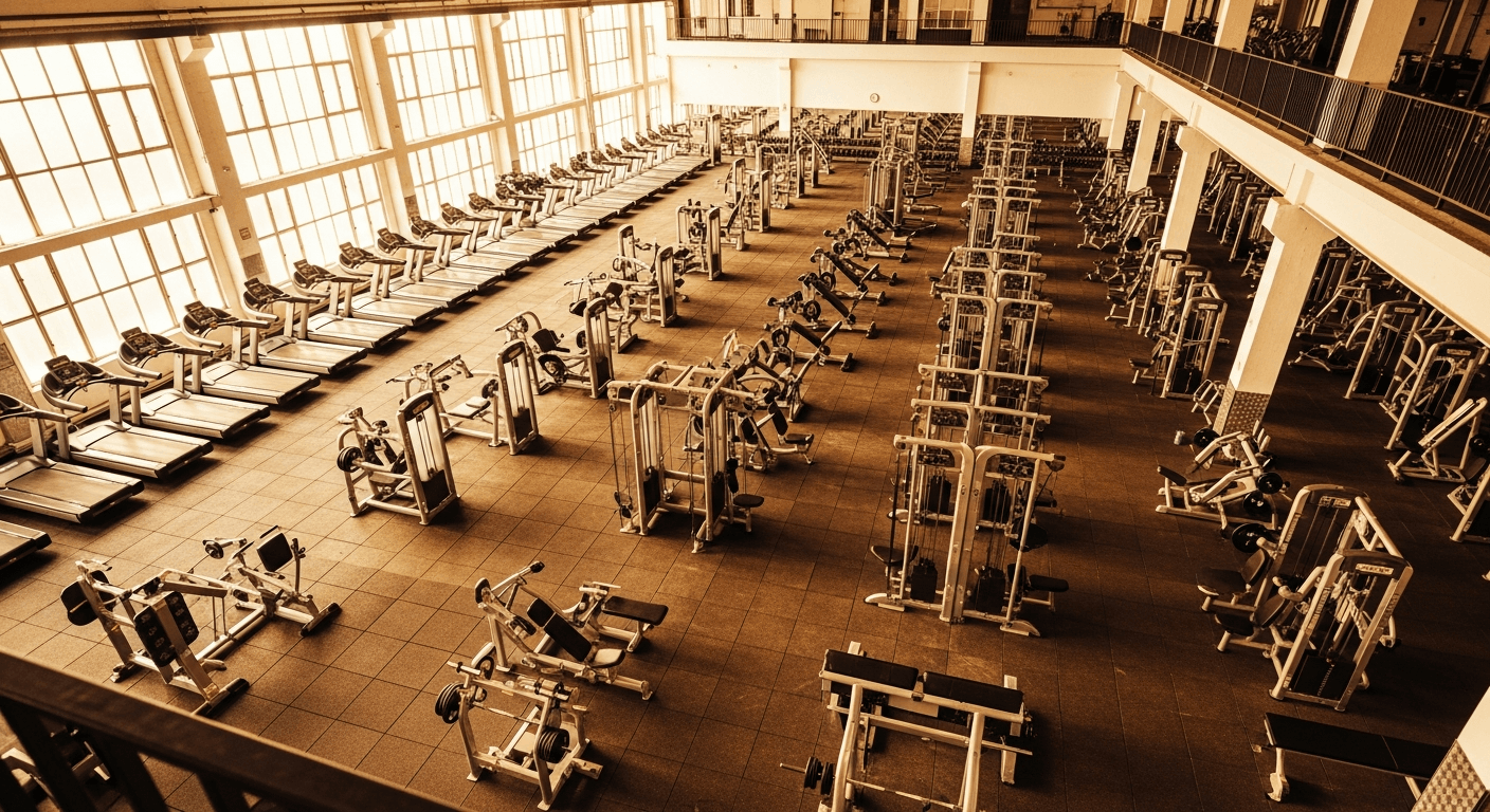 Aerial view of a spacious multi-level gym floor with rows of equipment bathed in warm golden light.