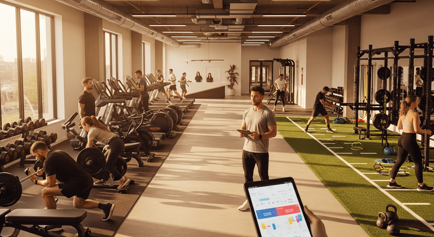 Fitness coach reviews tablet in modern gym with diverse members training across multiple zones in warm golden light.
