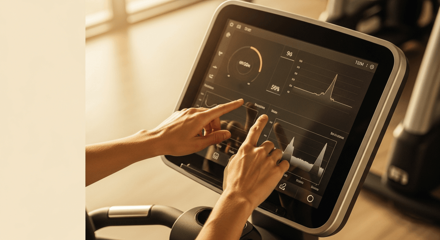 Hands touching a connected cardio machine's touchscreen displaying metric data in warm golden light.