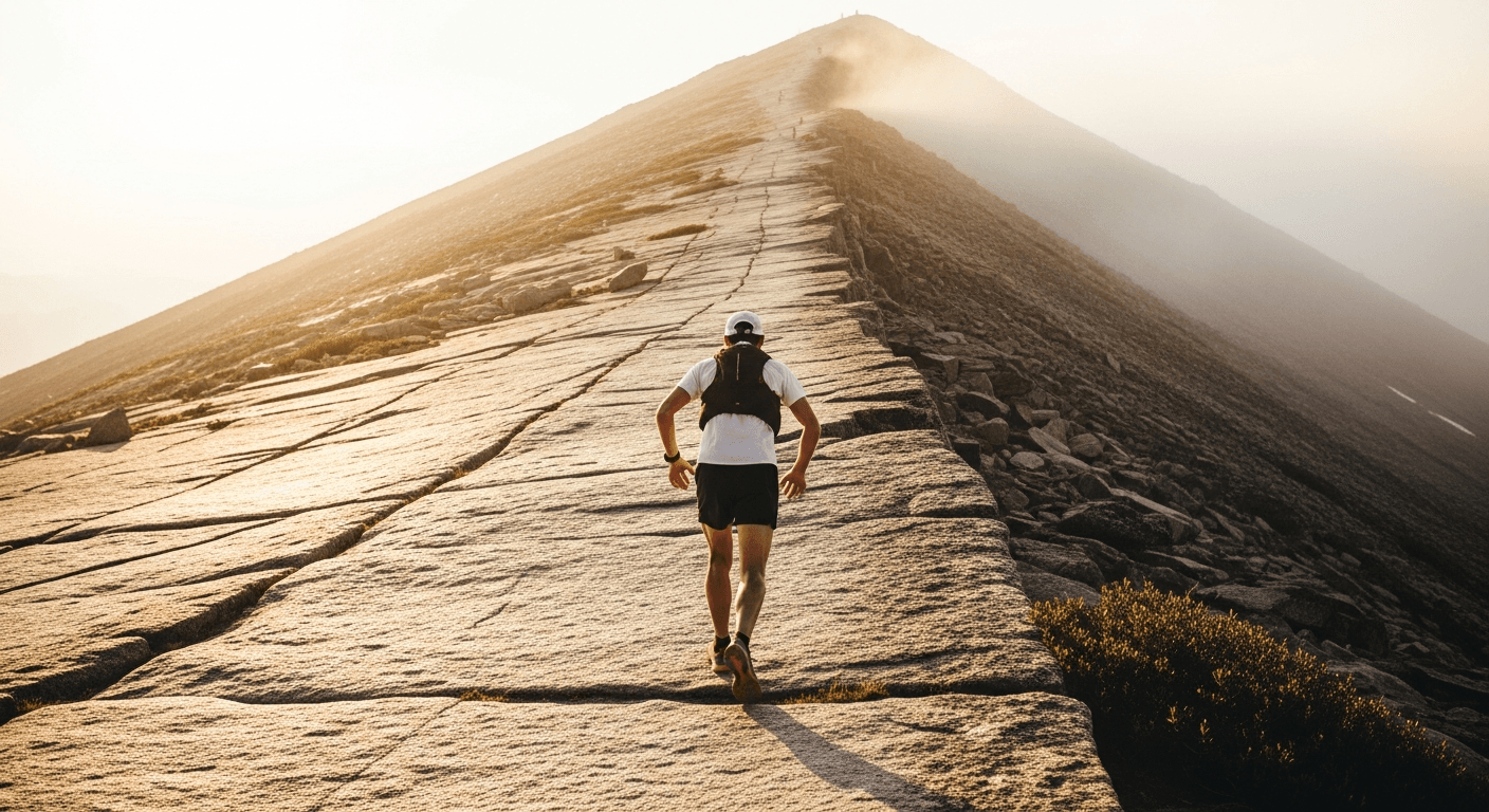 A trail runner climbs a steep rocky mountain slope on Mount Washington, backlit by golden late-afternoon light.