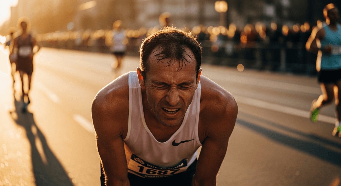 Exhausted marathon runner in late race, grimacing with shortened stride as crowd blurs in warm golden light.