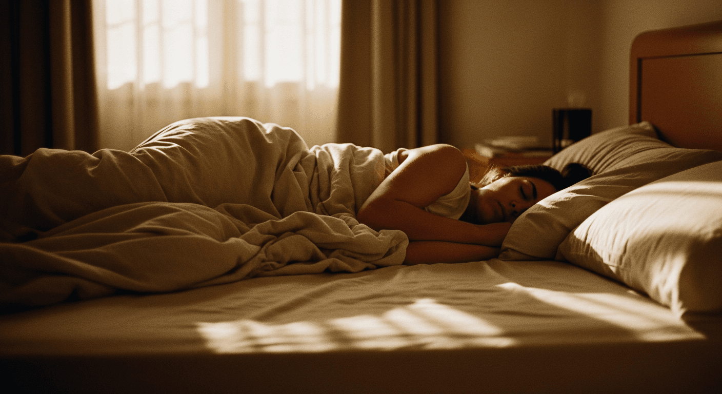 Person sleeping deeply on their side in rumpled linen sheets, lit by soft pre-dawn light from a window.