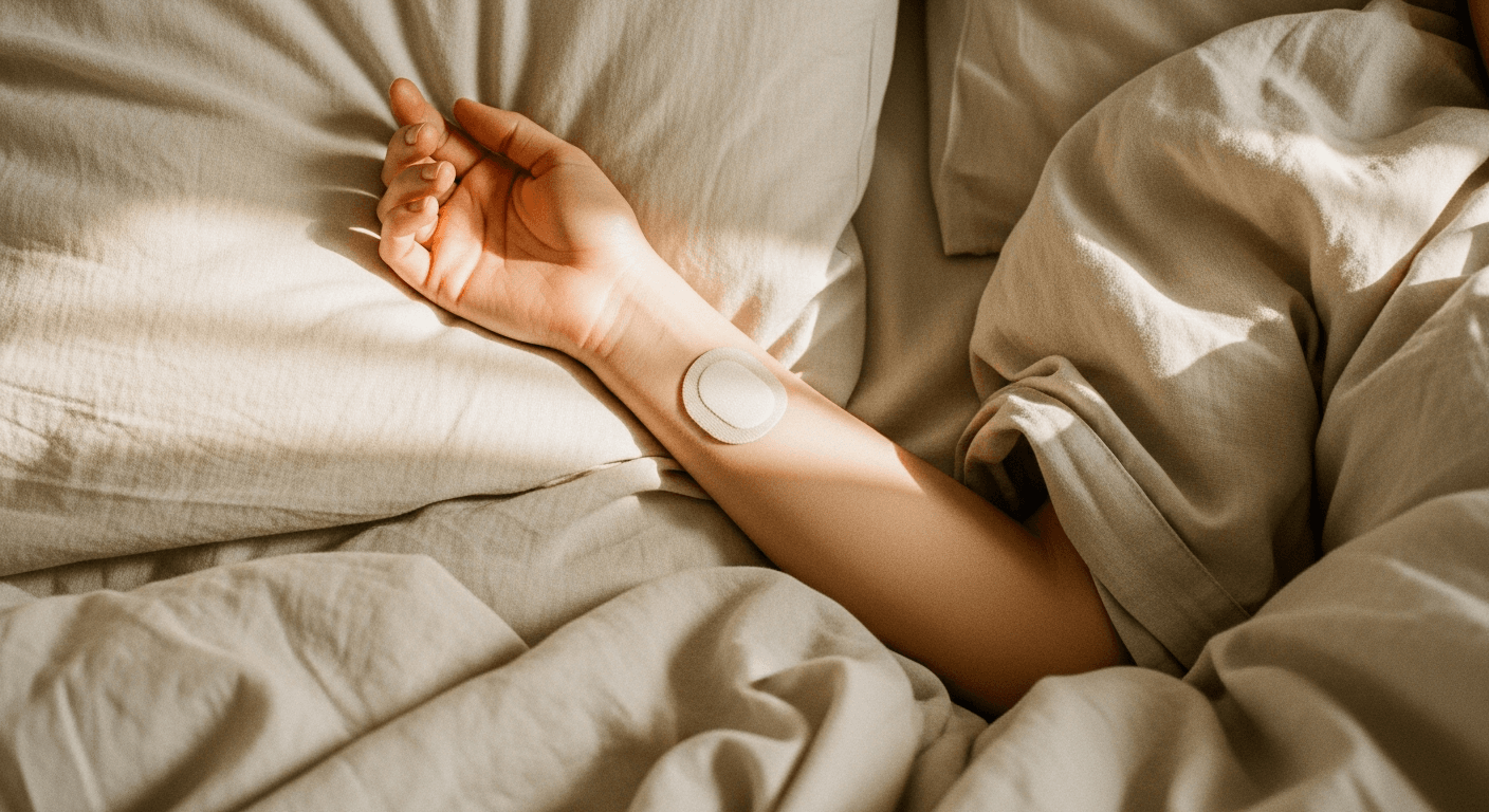 A soft wearable ultrasound patch on the inner wrist of a sleeping person's arm on cream linen sheets.