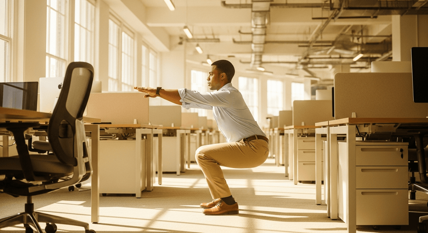Office worker in business-casual attire performing a squat beside their desk chair in a bright, minimal workspace.