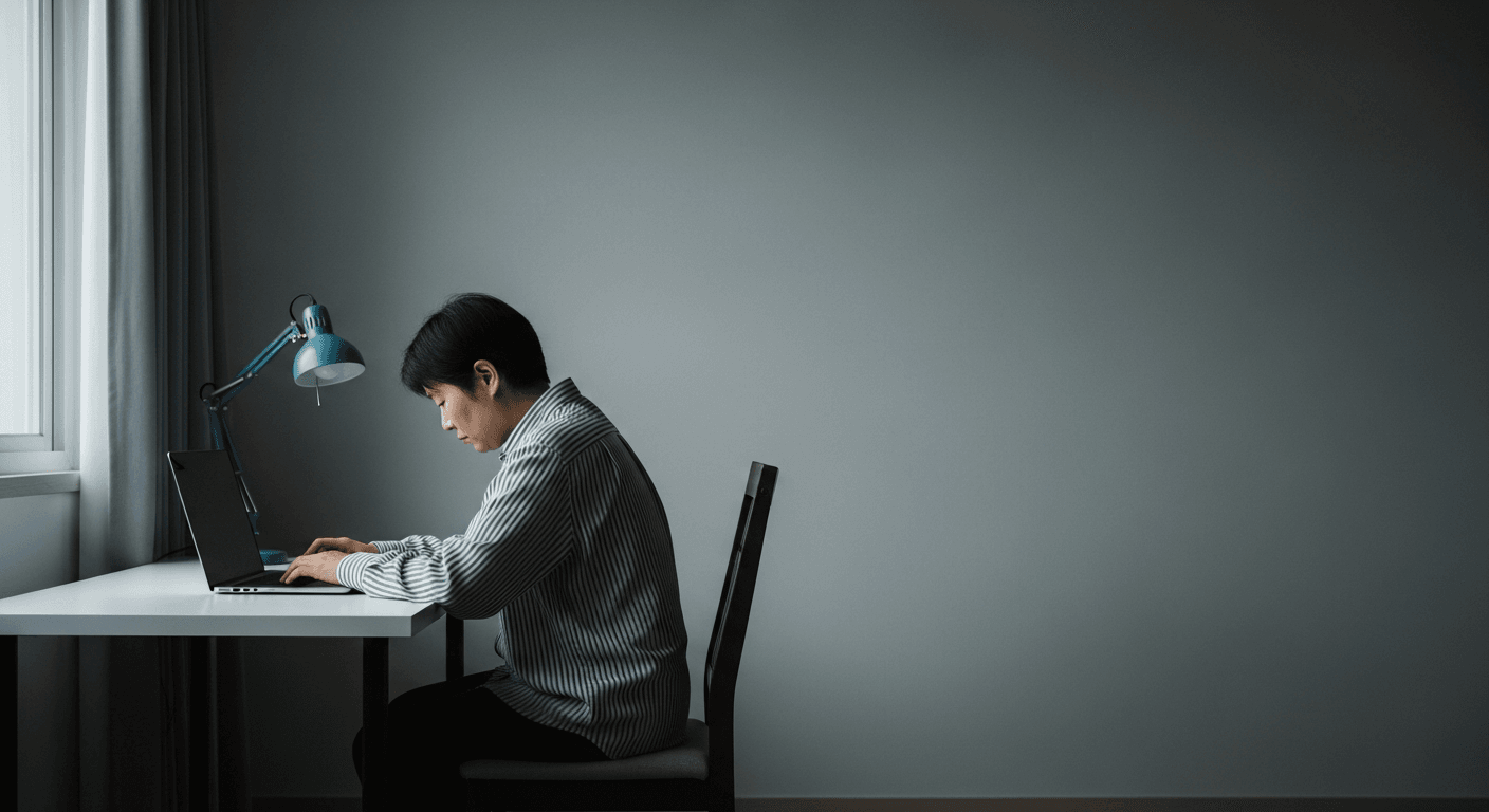 Person sitting alone at a sparse home desk, facing away from a laptop toward a blank wall in dim light.