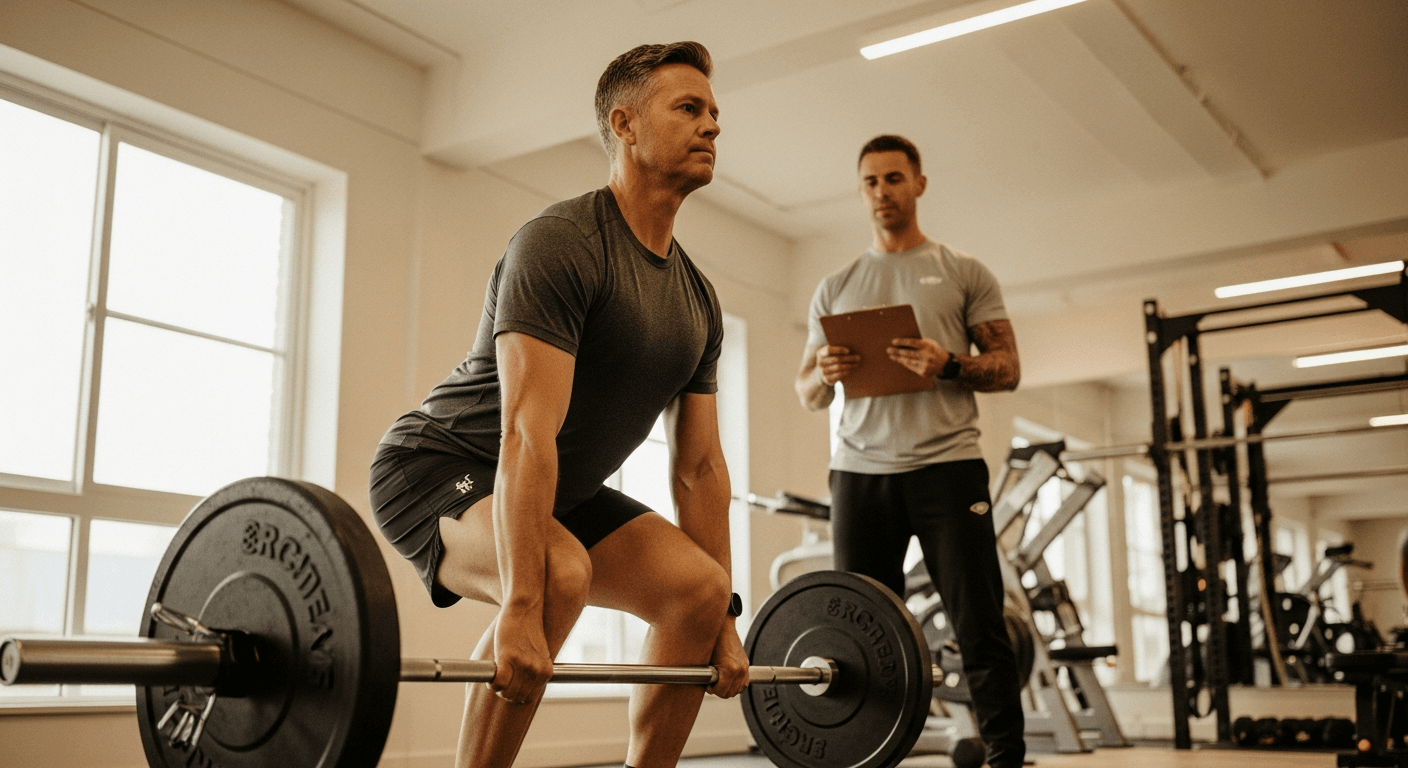 A man in his mid-forties performs a controlled Romanian deadlift with a coach observing nearby.